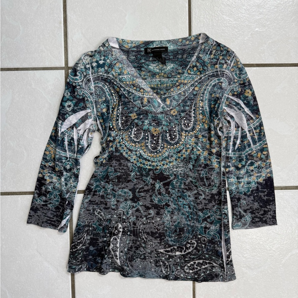 INC  Teal and Black Long Sleeve Top size Small